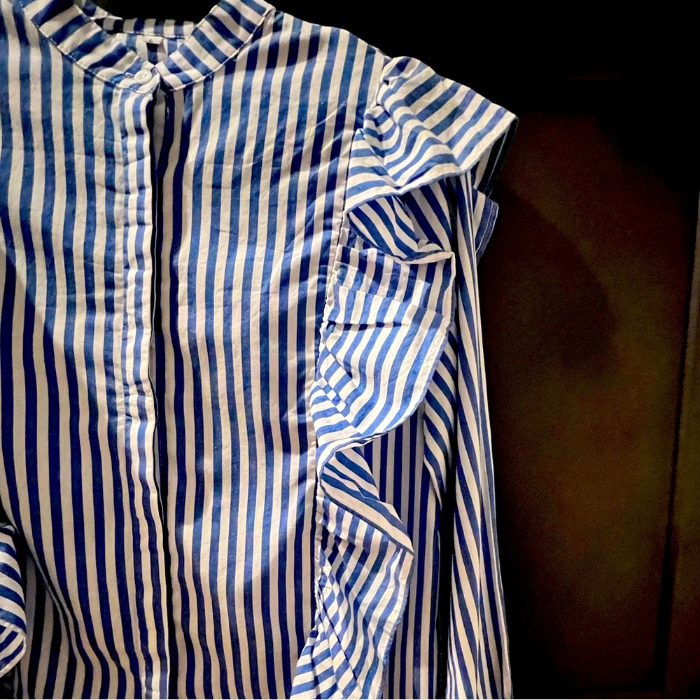 Striped Ruffle Button-Down Shirt - Picture 5 of 7